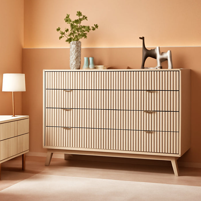 Fluted 9 Drawers Dresser, 54" Wide Modern Chest of Drawers, Curved Profile Design, Dresser TV Stand, Wood Drawer Organizer for Bedroom, Living Room, Hallway, White Alder