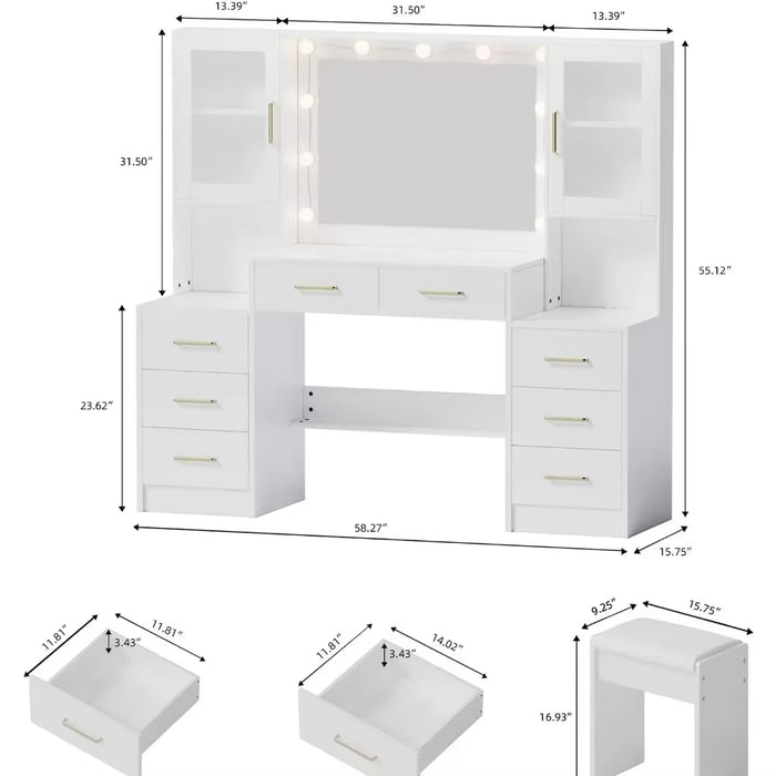 58.3" Large Vanity Desk with Mirror, Lights, 10 LED Lights, 8 Sliding Drawers, 2 Cabinets, Stool, Power Outlet, 3 Lighting Modes