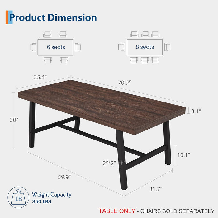 71" Large Kitchen Table, Industrial Wood Dining Table, Rustic Birch
