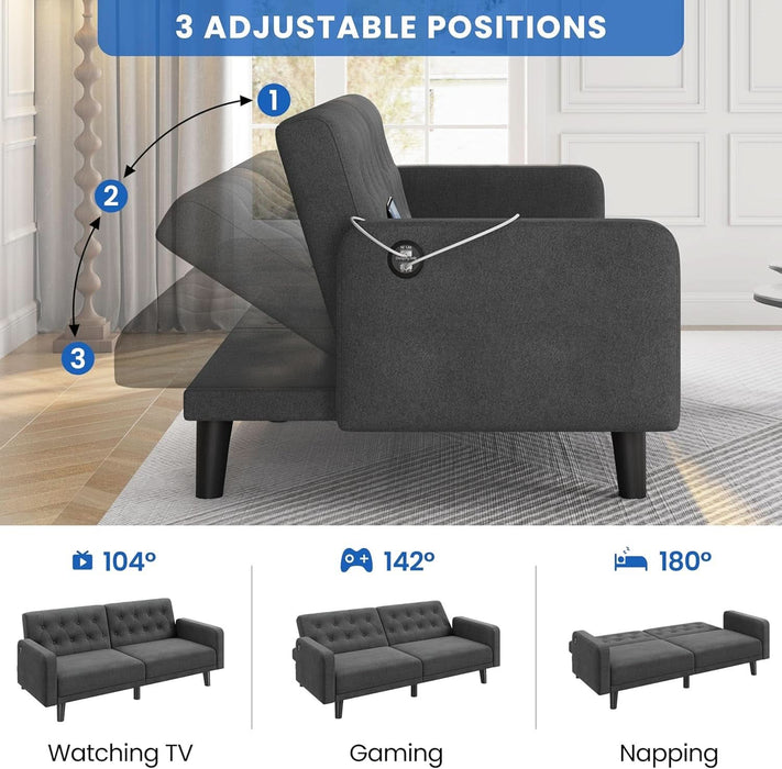 63" Convertible Couch Small Futon Sofa Bed with 2 USB Ports, Reclining Backrest & Removable Armrests, Mid Century Modern Loveseat for Living Room, Apartment, Office, Dark Gray