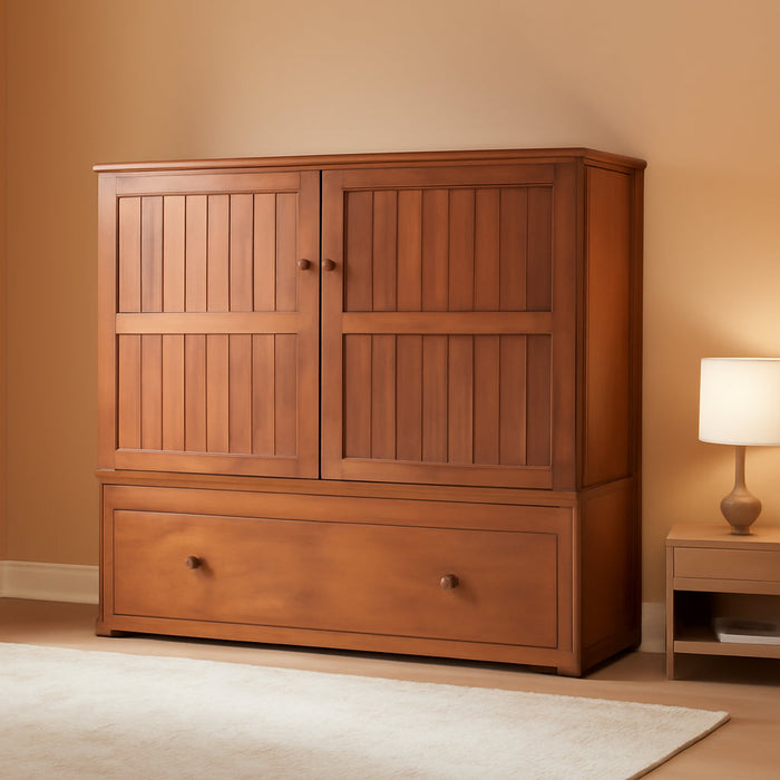 Murphy Bed Queen, Cabinet Bed with Tri-Folding Mattress and 2 Storage Drawers, Solid Wood Modern Foldable Hideaway Murphy Cube Beds with USB Charging Station for Living Room Guestroom, Cherry