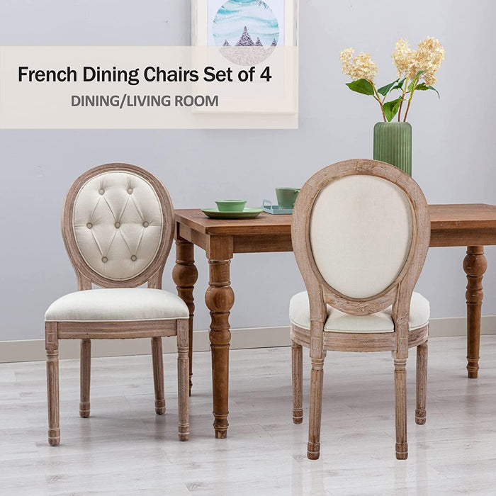 French Country Set of 4, Farmhouse Dining Chairs with round Button Back, Solid Wood Legs, French Dining Chairs for Kitchen/Bedroom/Dining Room