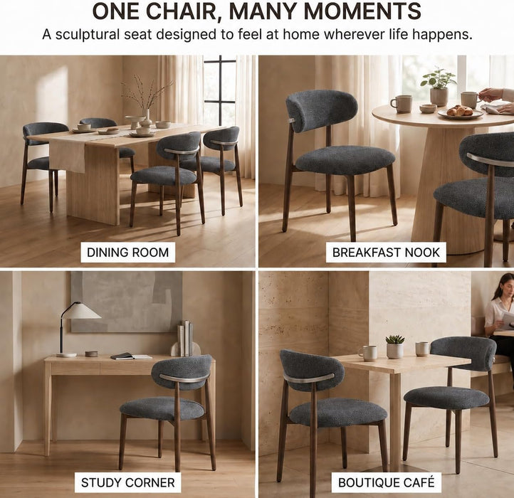 Dining Chairs Set of 4, Modern Bouclé Fabric Upholstered Kitchen & Dining Room Chairs with Ergonomic Back, Walnut Wood-Grain Metal Legs, Dark Gray