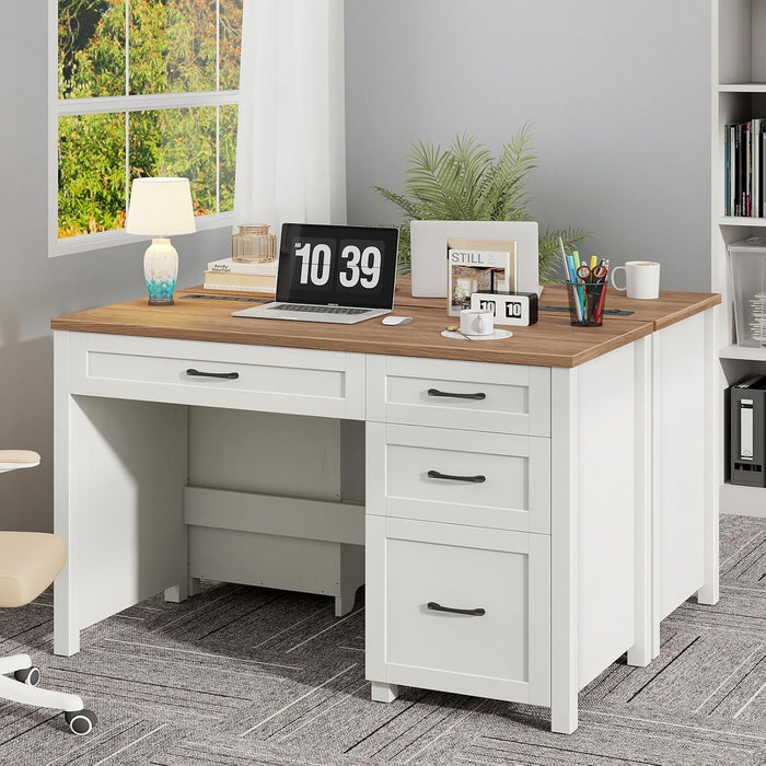 Farmhouse 47" Executive Desk, Computer Desk with File Drawer and Charging Station, Workstation for Home Office & Study.Off White