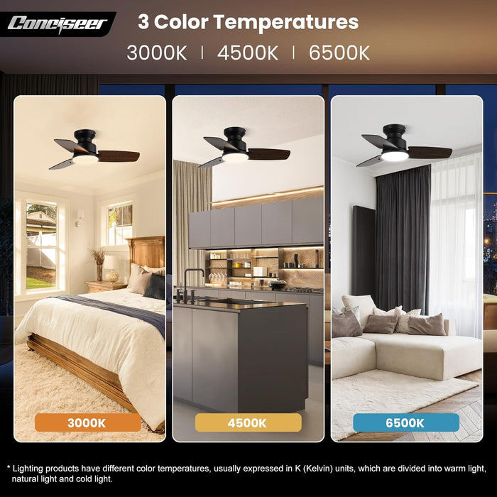 30 Inch Ceiling Fans with Lights and Remote, Bedroom Living Room Office, Flush Mount, 3CCT Dimmable, Dual Color 3 Blades 6 Speed Reversible Quiet DC Motor, Black/Wood Grain