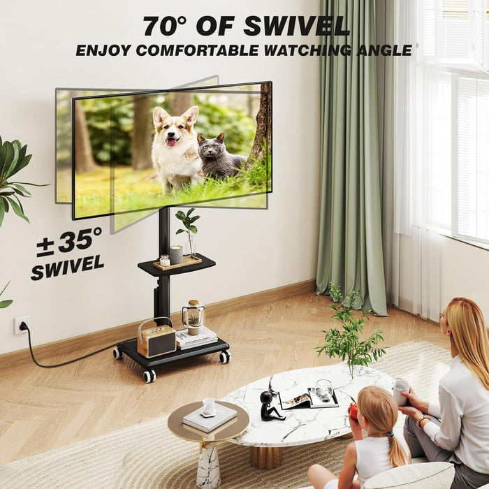 Rolling TV Stand with Power Outlet for 32-60 Inch Tvs, Swivel and Height Adjustable Mobile TV Stand with Shelf, Strong TV Cart on Wheels up to 88 Lbs for Living Room, Bedroom and Office (Black)
