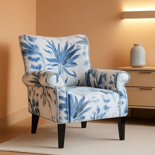 Modern Accent Chair, High Back Armchair, Upholstered Wingback Side Chair, Padded Single Sofa with Wooden Legs for Living Room, Bedroom - Green Blue Floral