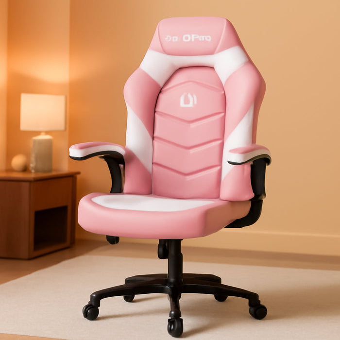 N-GEN Video Gaming Computer Chair Ergonomic Office Chair Desk Chair with Lumbar Support Flip up Arms Adjustable Height Swivel PU Leather Executive with Wheels for Adults Women Men (Pink)