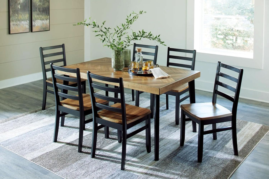 Blondon Rectangular Dining Room Table Set with 6 Chairs, Chevron Pattern, Tapered Legs, Seats 6, Wood, 60" Long, Brown & Black