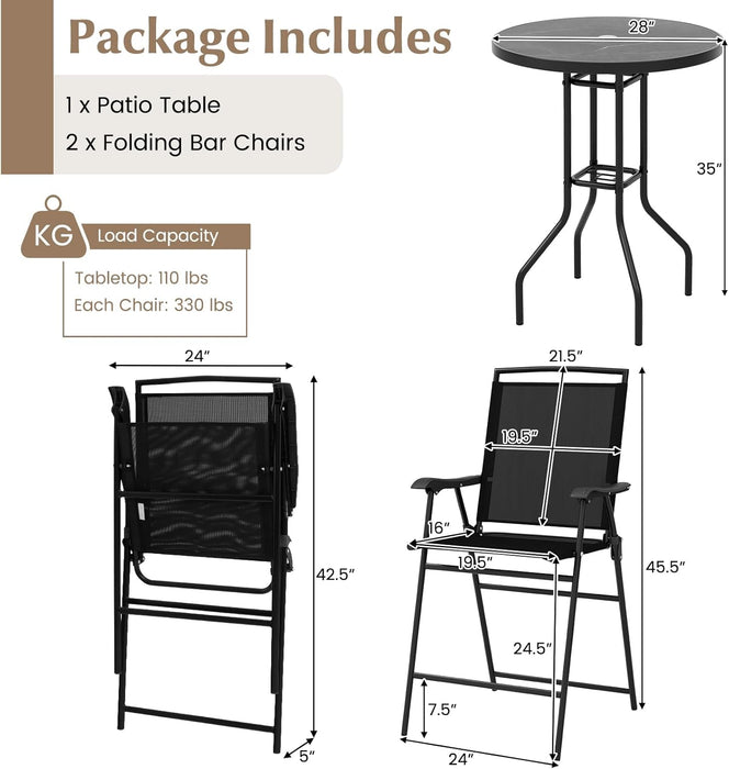 3 PCS Patio Table and Chairs Set, Bistro Furniture with DPC Tabletop, Umbrella Hole, Outdoor Bar Set with round Table and 2 Folding Counter Height Chairs for Poolside, Deck, Porch, Black