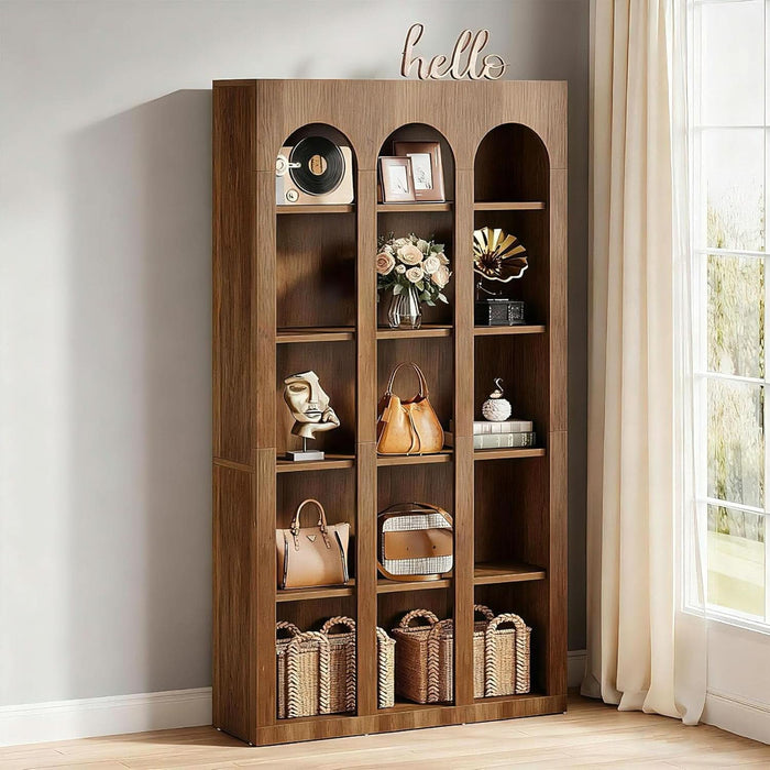 5-Tier Farmhouse Arched Bookshelf, 70.87-Inch Mid Century Modern Arched Bookcase with Open Shelves, Tall Book Shelf Vintage Display Storage Shelving Unit for Home Office, Rustic Brown