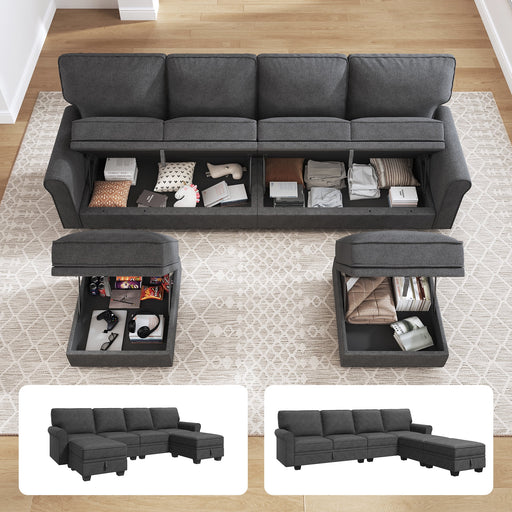 102.4" Contemporary U-Shaped Sectional Storage Sofa and Hidden Storage with Ottomans for Living Room and Apartment, Dark Grey