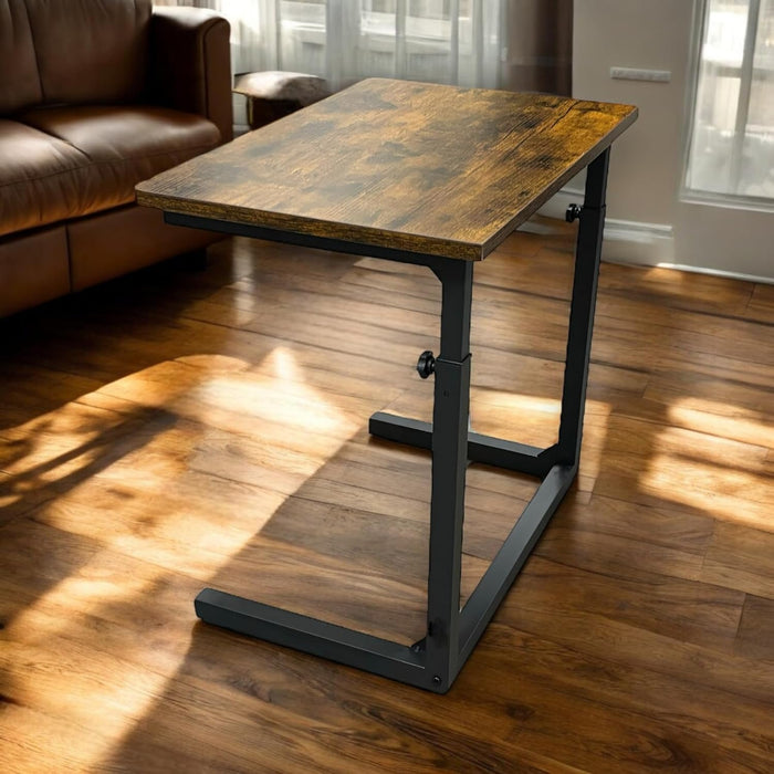 Height Adjustable C-Shaped Sofa Side Table, Laptop Table for Couch & Bed, Rustic Brown