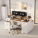 63 Inch Farmhouse Computer Desk with Drawers & Power Outlets, Large Desk with Monitor Stand & Printer Shelf, Modern Office Desk Workstation with File Cabinet for Home Office, Brown & White