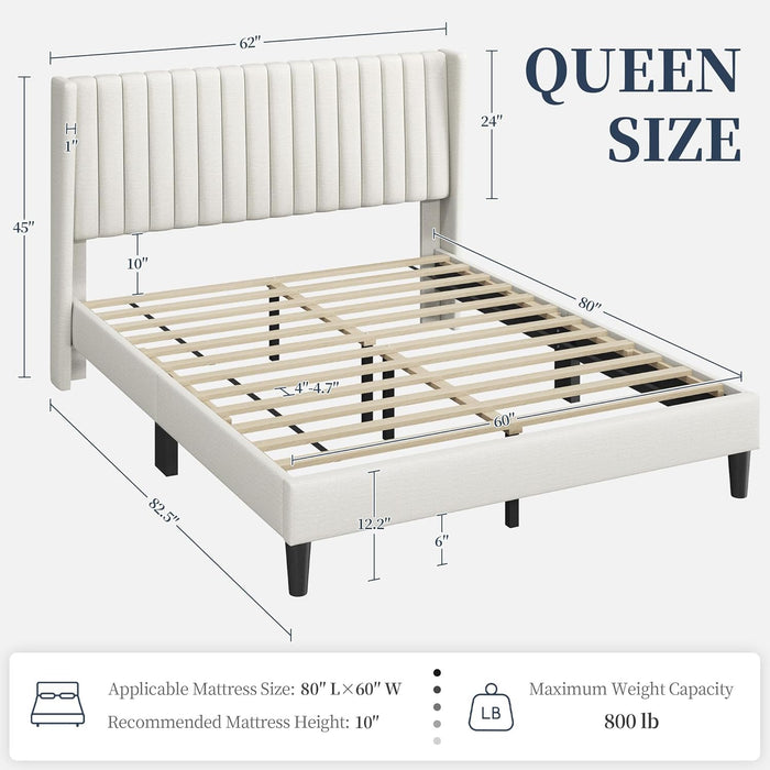 Queen Bed Frame Upholstered Platform Bed with Fabric Headboard, Wing Edge Design/Non-Slip and Noise-Free/Wooden Slats Support/No Box Spring Needed/Easy Assembly, Beige Queen Bed