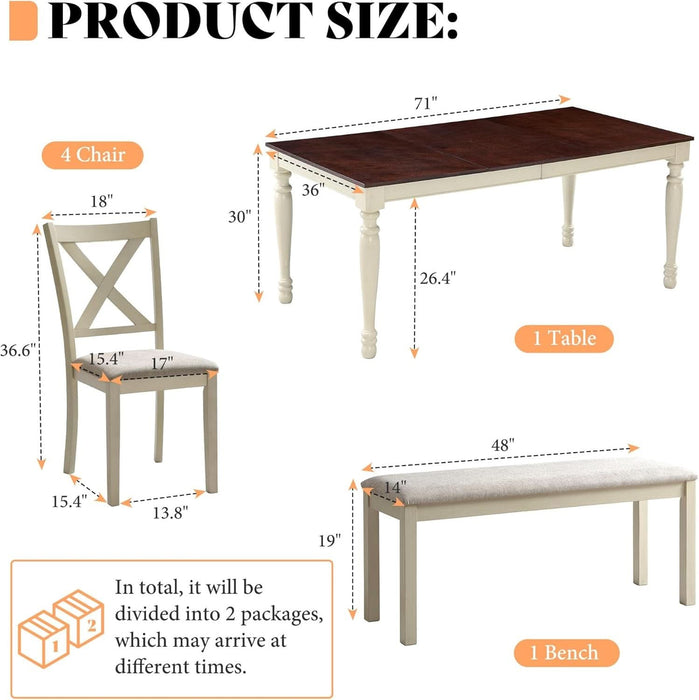 6-Piece Farmhouse Dining Table Set with 4 Upholstered Chairs and Bench, 71” Solid Wood Table, Seating for 6, for Dining Room or Kitchen, Rustic White & Walnut Finish