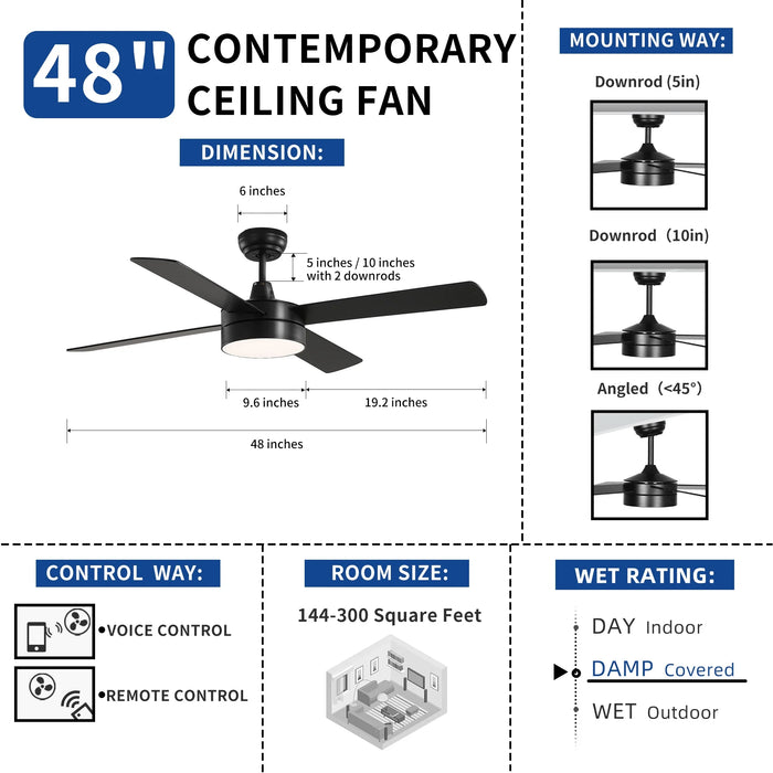 48In Black Ceiling Fans with Light and Remote Control /App Control, Modern Smart Ceiling Fan for Indoor Outdoor