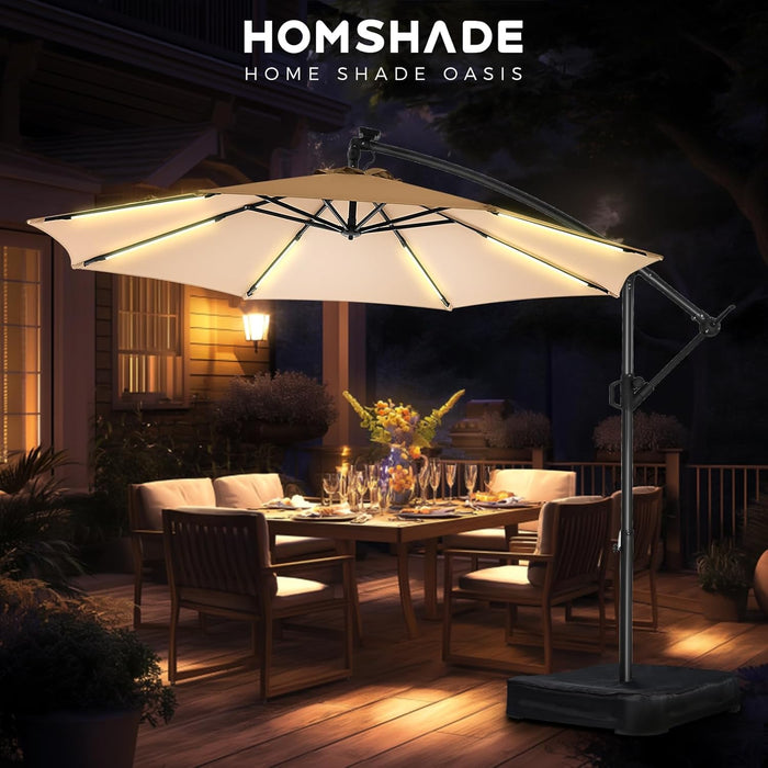 10 Ft Offset Patio Umbrella with Solar Lights, LED Lighted Umbrella Outdoor Patio with Base Included, Heavy Duty Hanging Cantilever Umbrellas for Pool Deck with UV Protection&Easy Tilt, Beige