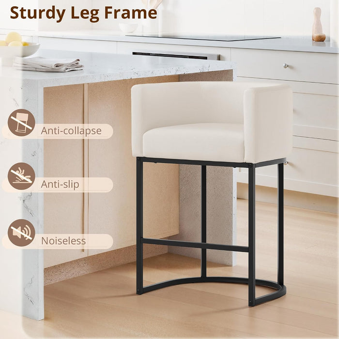 Counter Height Bar Stools Set of 3, Modern Barrel Counter Stools with Backrest and Arms, Black Metal Frames, Linen Fabric Upholstered Accent Barstools for Kitchen Island, Beige