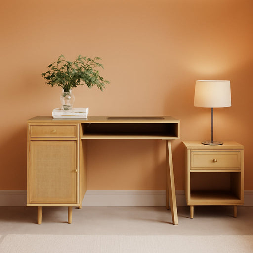 Aaron Modern Desk with Storage, Natural Rattan Table with Square Webbing and Gold Accent Knobs, Natural Brown