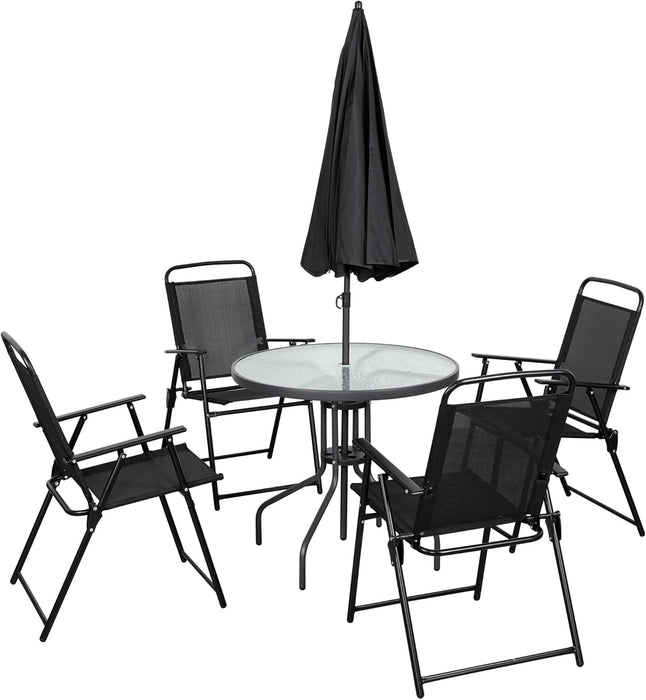 6 Piece Patio Dining Set with Umbrella, Outdoor Furniture Set with 4 Folding Chairs and Tempered Glass Top Dining Table Fot Lawn Backyard Garden Porch Black