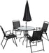6 Piece Patio Dining Set with Umbrella, Outdoor Furniture Set with 4 Folding Chairs and Tempered Glass Top Dining Table Fot Lawn Backyard Garden Porch Black