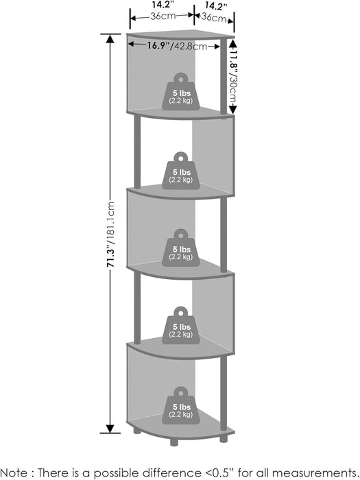 Basic Book Shelf, 5-Tier Bookshelf, Bookcase with Zigzag Corner Shelf, 14.2 X 14.2 X 71.2, for Living Room, Bedroom, Home Office, Espresso/Black