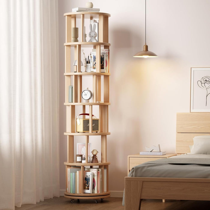 6 Tier Solid Wood Rotating Bookshelf Tower on Wheels, Natural