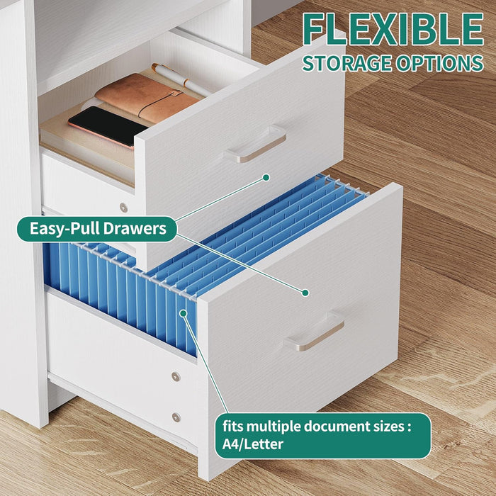Computer Desk with Drawers, 47.2" Office Desk with Power Outlets & LED Light, Home Office Desk with Storage Shelves, White