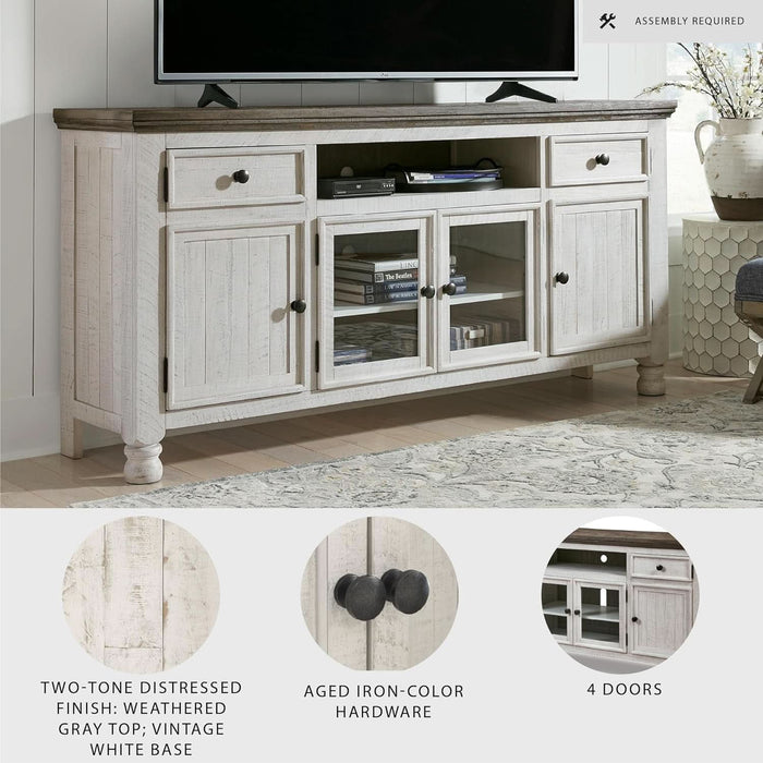 Havalance Farmhouse TV Stand Fits Tvs up to 72", 4 Cabinets and Shelves for Storage, Vintage White & Weathered Gray