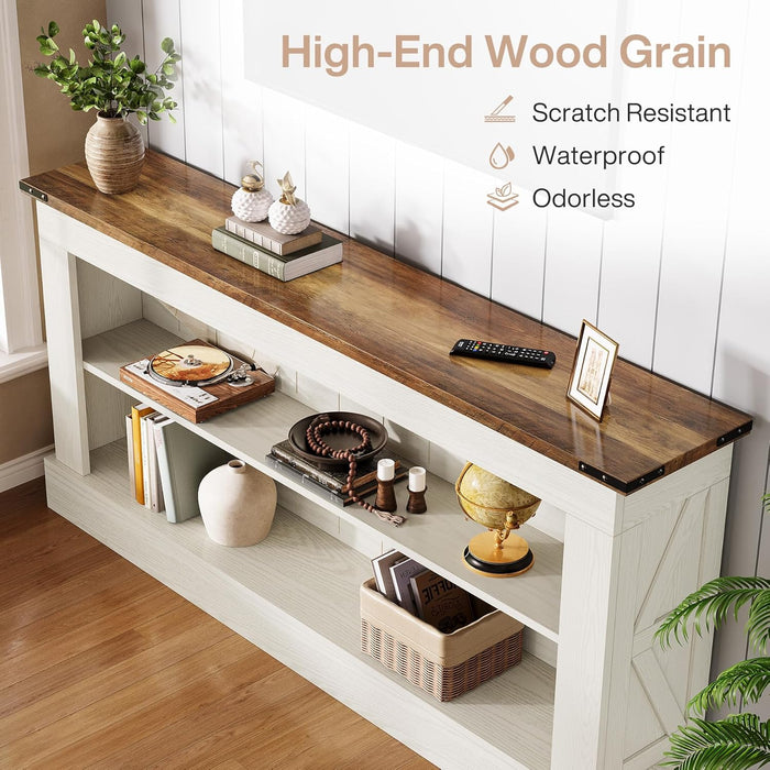 63-Inch Long Console Table for Entryway, Narrow Long Entry Table with Shelves for Living Room, Farmhouse Sofa Console behind Couch, for Foyer, Hallway, White and Brown