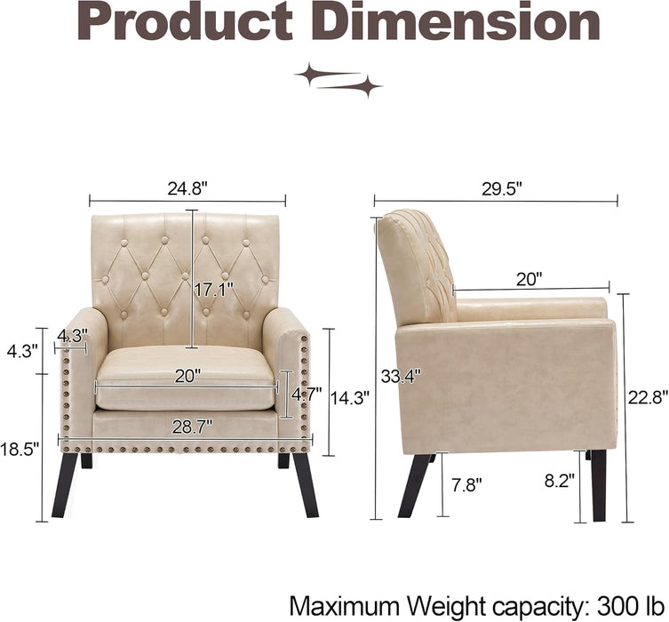 Mid Century Modern Accent Chair, Ivory Faux Leather Office Chair for Reception - Tufted Leather Club Chair for Living Room, Bedroom, or Waiting Room