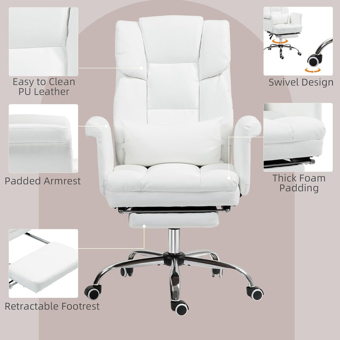 Executive Office Chair with Footrest and Lumbar Support, PU Leather Ergonomic Office Desk Chair, Reclining and Swivel Chair, White