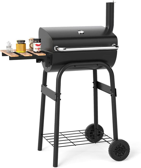 Portable Charcoal Grill with Foldable Side Table, Outdoor BBQ Smoker Grill with Wheels, Thermometer, Adjustable Air Vent, Bottom Shelf, Barrel Barbecue Grills for Patio, Camping & Tailgate