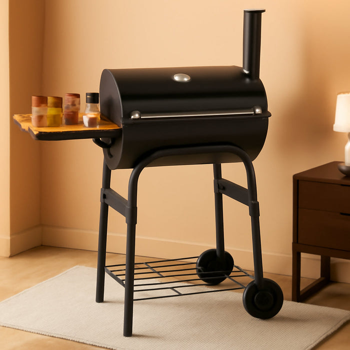 Portable Charcoal Grill with Foldable Side Table, Outdoor BBQ Smoker Grill with Wheels, Thermometer, Adjustable Air Vent, Bottom Shelf, Barrel Barbecue Grills for Patio, Camping & Tailgate