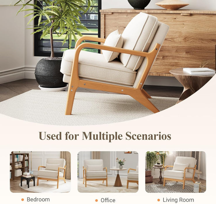 Beige Mid Century Upholstered Armchair Lumbar Pillow