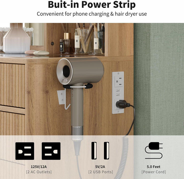 47" Fluted Vanity Desk with Mirror & LED Lights, 7-Drawer Makeup Vanity with Glass Top & Cabinet, Vanity with Chair & Charging Station, 3 Lighting Modes, for Bedroom, Natural Oak