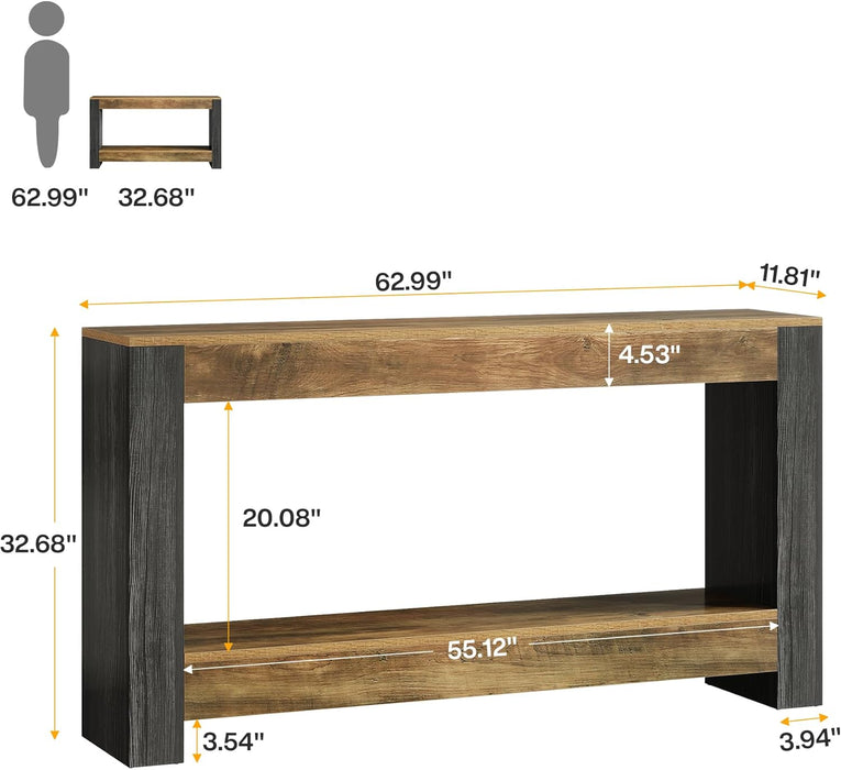 63-Inch Long Console Table for Entryway, Farmhouse Wood Sofa Table behind Couch for Living Room, Hallway, Entrance, Foyer, Rustic Brown & Black