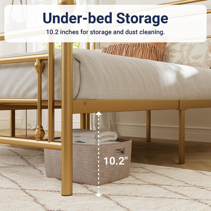 Queen Size Metal Platform Bed Frame, Victorian Headboard, Gold