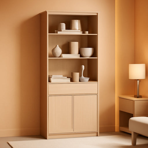 Modern 72" Tall Bookshelf with Doors, Drawers & Adjustable Shelves, Library Bookcase with Storage Cabinet and Open Shelving, Wood Bookcase for Home Office, Living Room, Beige, 1 PC
