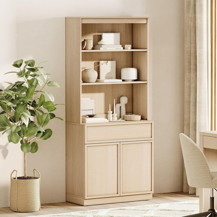 Modern 72" Tall Bookshelf with Doors, Drawers & Adjustable Shelves, Library Bookcase with Storage Cabinet and Open Shelving, Wood Bookcase for Home Office, Living Room, Beige, 1 PC