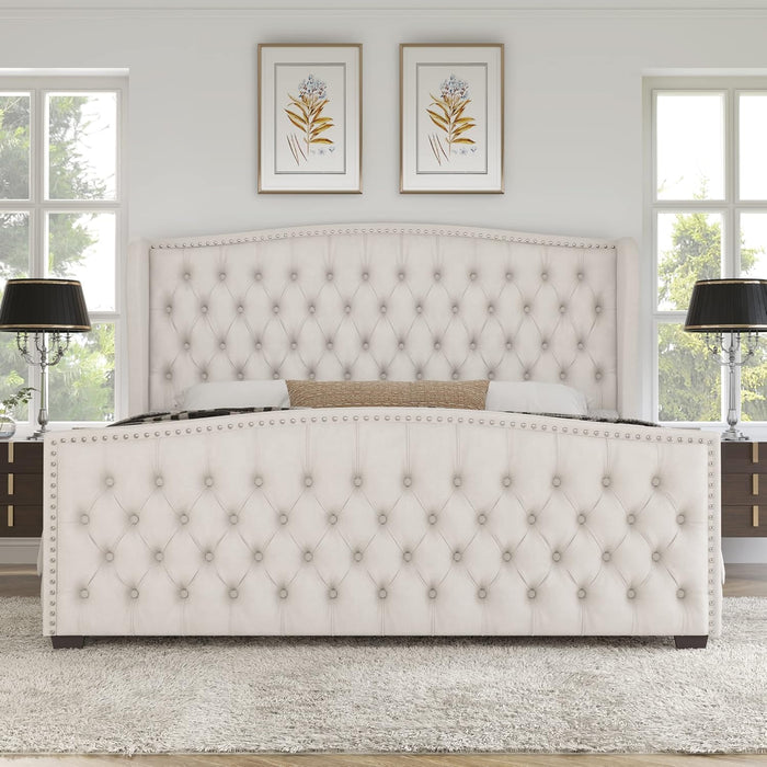 Queen Size Platform Bed Frame, Velvet Upholstered Bed with Deep Button Tufted & Nailhead Trim Wingback Headboard/No Box Spring Needed/Cream