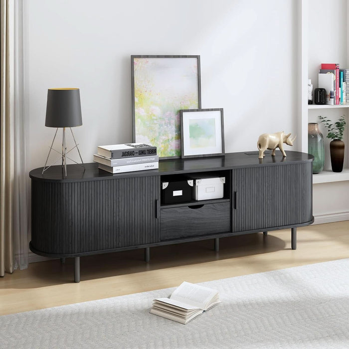 69" Mid-Century TV Stand with Power Outlet, Fluted Entertainment Center with Storage Drawer, TV Console with Sliding Door and Adjustable Shelves, TV Stand up to 80" for Living Room, Bedroom, Black