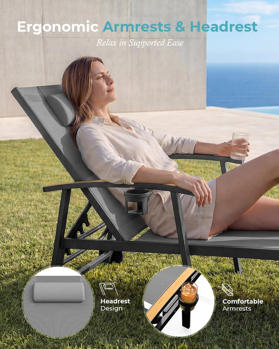 Outdoor Lounge Chair with Pillow, 5-Position Aluminum Chaise Lounge with Wheels & Armrests, 400 Lbs Heavy Duty Patio Pool Chair for Deck, Backyard, Beach & Poolside, Grey