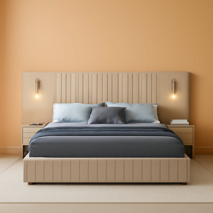 Queen Size Bed Frame with Built-In LED Lights and Nightstands, Chenille Upholstered Queen Platform Bed with Oversize Headboard,Pleated Design Grounded Bed,No Box Spring Needed,Beige