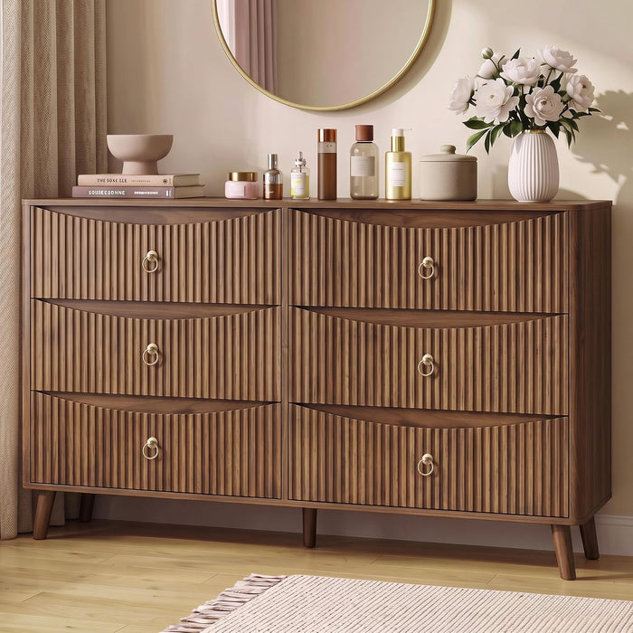 55.1" Wide Walnut Dresser for Bedroom, Fluted 6 Drawer Dresser