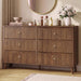 55.1" Wide Walnut Dresser for Bedroom, Fluted 6 Drawer Dresser