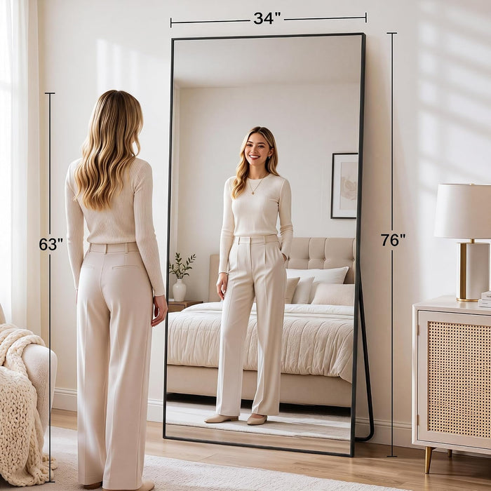 76"×34" Full Length Wall Mounted Hanging Mirror, Aluminum, Black