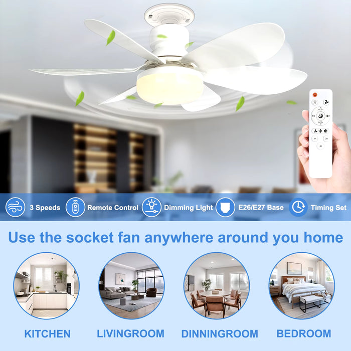 40W Socket Fan Light, 21.5" Screw Ceiling Fan with Light and Remote, E27 Socket Fan with LED for Bathroom, Bedroom, Kitchenfor