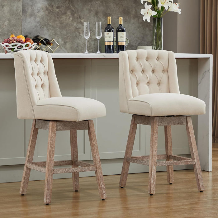 26" Swivel Bar Stools Set of 2, Counter Height Barstools with Back, Linen Fabric Upholstered Bar Stools, Modern Barstools Wood Legs for Kitchen Island Dining Room Bar